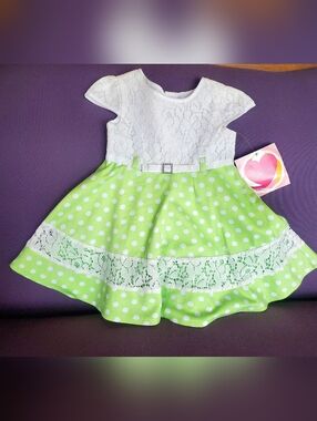 Youngland White Lace Bodice Lime Green Polka Dot Skirt Dress,  3T